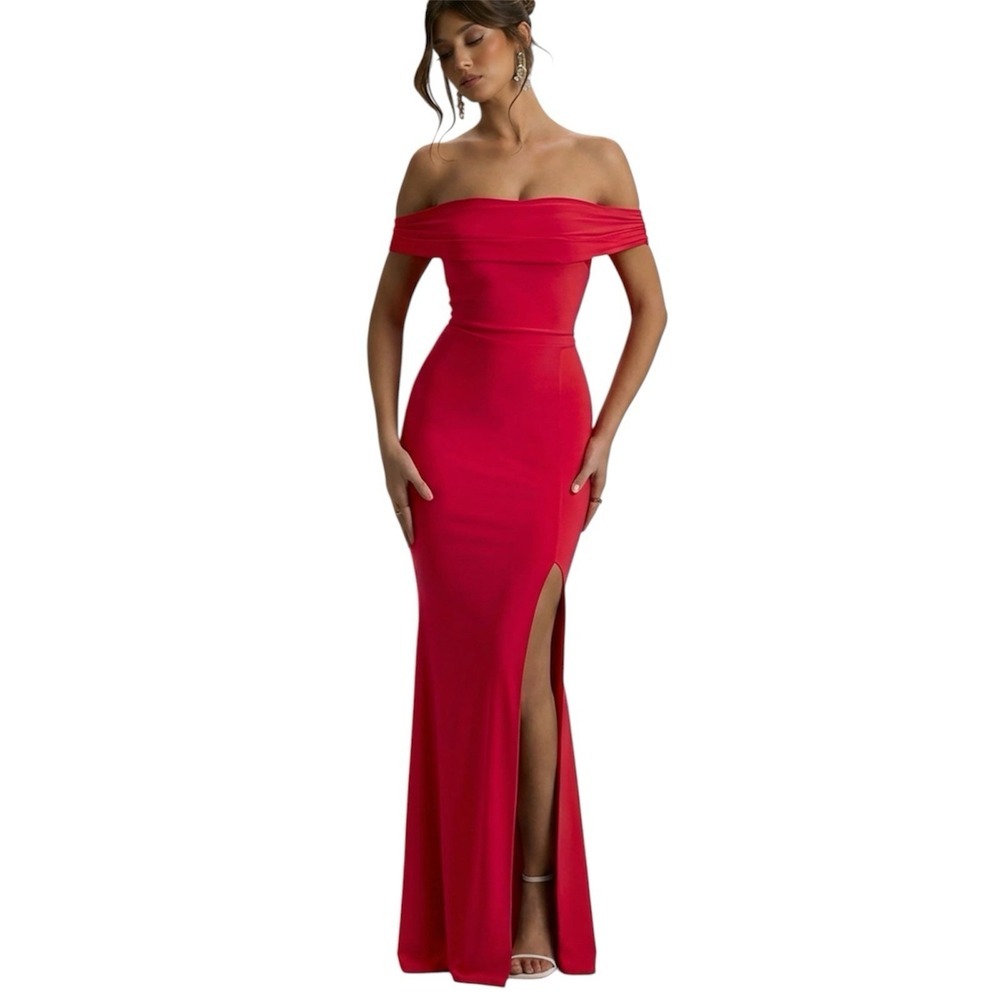 Club L London Formal Maxi Dress Red Off Shoulder Front Slit Gown. Sz 10